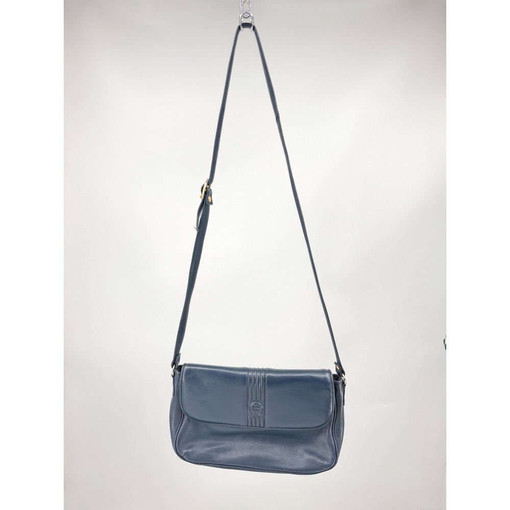 Etienne Aigner Vintage Navy Blue Leather Crossbody Bag Gold Hardware Mirror